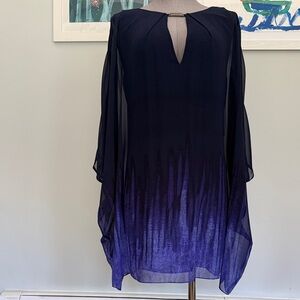Halston Heritage Navy to Purple Ombre Midi Dress with Sheer Cape Sleeves